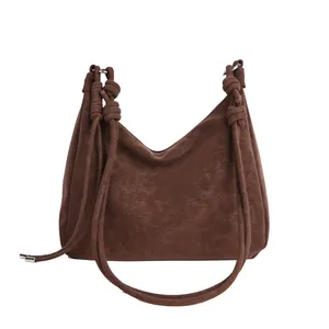 Retro dark brown suede hobo bag with knotted shoulder strap and large capacity