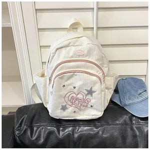 Vue détaillée du sac à dos en velours côtelé avec broderie cœur rose et texture douce