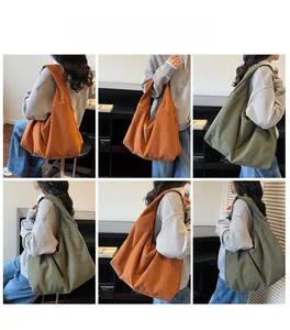 Multiple views of large hobo bag with corduroy texture in brown and olive green