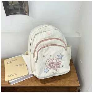 Détail du mini sac à dos en velours côtelé avec broderies cœur et étoile