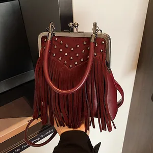 Vintage Tassel Rivet Shoulder Bag For Women Faux Suede Doctor Bag Crossbody Handbag Bohemian Style Kiss Lock Purse