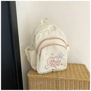 Détail du mini sac à dos en velours côtelé avec poches roses et broderie de cœur