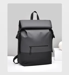 Detail of waterproof roll-top backpack with contrast gray and black minimalist design