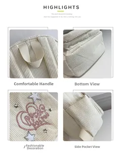 Détails du sac à dos en velours côtelé montrant la poignée, la broderie et la poche latérale