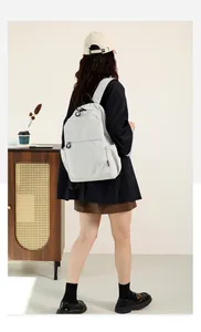 Close-up of lightweight waterproof nylon mini backpack with zipper details on grey model