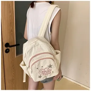 Gros plan du sac à dos en velours côtelé montrant la texture douce et les broderies