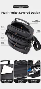 Detailansicht der schwarzen Herrentasche mit mehreren Reißverschlussfächern und Layout