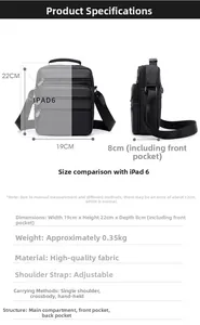 Detaillierter Größenvergleich einer schwarzen Ledertasche mit einem iPad 6 und Maßen