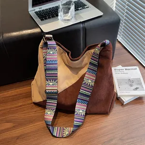 Women Corduroy Large Capacity Shoulder Bag Color Block Crossbody Bag With Ethnic Style Wide Adjustable Strap Fashion Tote