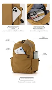 Detail view of khaki waterproof nylon backpack showing multiple storage pockets and compartments
