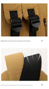 Detail of adjustable honeycomb breathable mesh shoulder strap on khaki nylon backpack