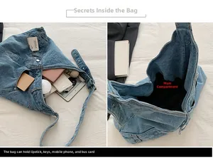 Detail view of denim bag interior showing spacious capacity for phone and essentials