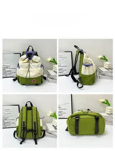Detailed views of a lightweight patchwork drawstring backpack with multiple angles