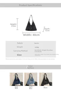 Detailed size chart for the minimalist denim shoulder bag with multi-way carry options