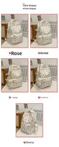 Detail showing five floral and fruit print patterns on lightweight white school backpacks