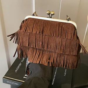 Vintage Boheemse Crossbody Tas Met Franjes Voor Vrouwen Suède Look Tassel Schoudertas Met Etnische Brede Band Clipsluiting
