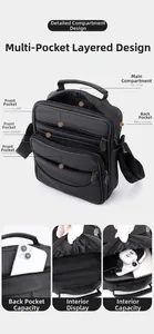 Detailansicht der Innenfächer einer schwarzen Leder-Umhängetasche mit Multi-Pocket-Design