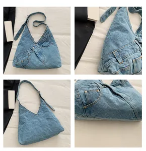 Detailed macro view of deconstructed denim bag showing pocket stitching and texture