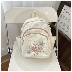Détail du sac à dos en velours crème avec broderie cœur et bordures de zip roses