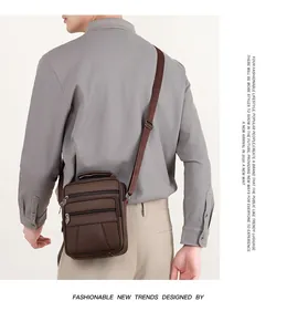 Brown genuine leather shoulder bag shown on model highlighting business casual style