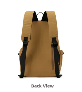 Rear view of mini khaki backpack showing anti-theft zipper pocket and adjustable straps