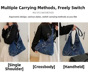 Denim shoulder bag for women showing crossbody and handbag styles in a collage view