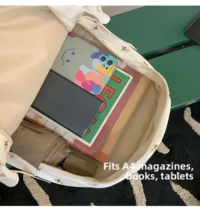 Floral canvas backpack showing large capacity for A4 magazines, books, and tablets