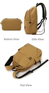 Detail view of khaki nylon mini backpack showing bottom, side profile and flat lay structure