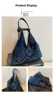 Detailed views of dark blue denim shoulder bag featuring jeans pockets and metal buttons