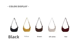 Color display of corduroy crescent shoulder bags in black, yellow, brown, beige, and red
