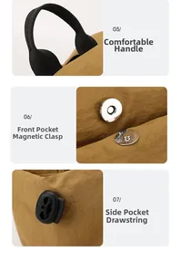 Detail view of mini backpack featuring durable handle, magnetic buckle and drawstring closure