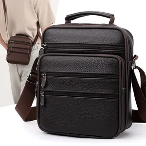 Business casual brown leather shoulder bag with multiple compartments and top handle