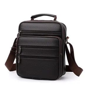 Men's genuine leather crossbody bag in dark brown with three zipper compartments