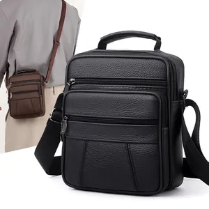 Men Genuine Cowhide Leather Shoulder Bag Litchi Grain Business Casual Crossbody Bag Multi Pocket Messenger Bag For Men Commuting