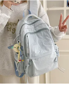 Zaino scolastico azzurro grande capacità con ricamo e portachiavi a forma di luna peluche