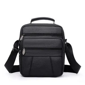 Classic black leather men's messenger bag with litchi texture and multiple zipper compartments