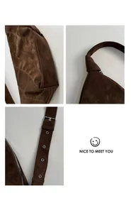 Detailed close-up of dark brown suede hobo bag with adjustable buckle strap and knot detail