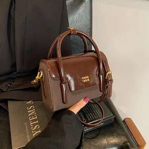 Trendy PU Leather Spliced Small Square Bag For Women Fashion Glossy Handbag Crossbody Bag With Adjustable Strap Metal Logo