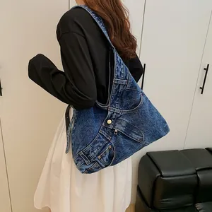 Deconstructed Denim Shoulder Bag For Women Vintage Jean Style Tote With Pockets Metal Buttons Large Capacity Crossbody Bag