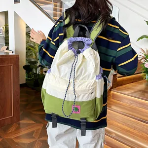 Large Capacity Nylon Drawstring Backpack Lightweight Color Block Travel School Bag Laptop Compartment For Women Men Unisex