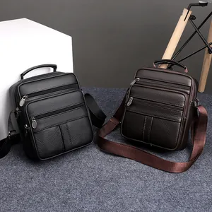 Sac bandoulière en cuir pour homme avec multiples zips en noir et marron foncé