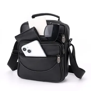 Schwarze Herrentasche aus Leder mit Litschi-Struktur und mehreren Reißverschlussfächern