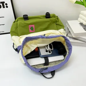 Large capacity drawstring backpack with multi-color patchwork and floral embroidery