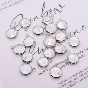 Natural freshwater pearl round pendants with silver plated edges for DIY jewelry making