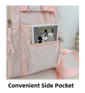 Dettaglio della tasca laterale con zip di uno zaino in nylon rosa per riporre oggetti