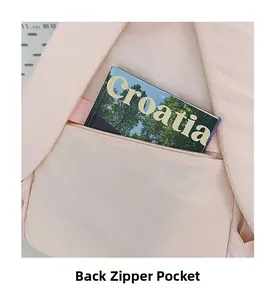 Dettaglio della tasca posteriore con cerniera antifurto su uno zaino in nylon rosa