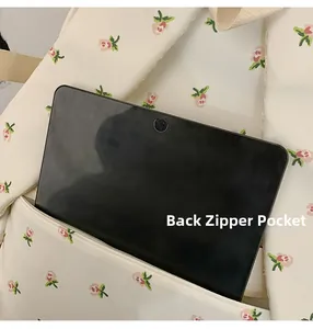 Detail of back zipper pocket on floral backpack showing storage for a tablet device