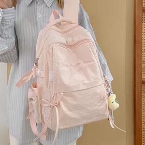 Zaino in Nylon ad Alta Capacità per Studente Borsa Scolastica Con Ricamo Fiocco Pendente Stile Giapponese Zainetto da Viaggio Unisex