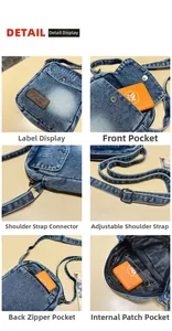 Detail view of denim crossbody bag showing multi-pocket design and leather brand label