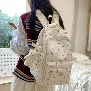 Women's Large Capacity Print Backpack Floral Fruit Lightweight Nylon School Bag For Teenagers With Plush Bear Pendant